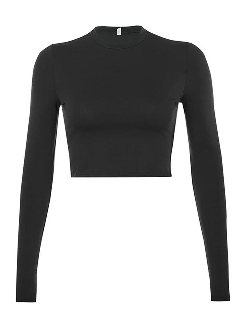Chic Solid Basic Long Sleeve Women's T-Shirt - Casual Black and White Fashion Crop Top for Autumn/Winter