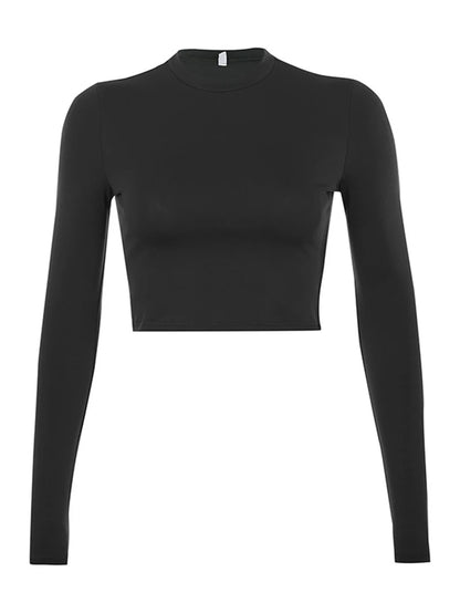 Chic Solid Basic Long Sleeve Women's T-Shirt - Casual Black and White Fashion Crop Top for Autumn/Winter