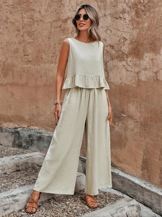 Elevate Your Summer Style with Our Women's Ruffle Hem Sleeveless Tank Top & Wide Leg Pants Set - Perfectly Casual & Comfortable!
