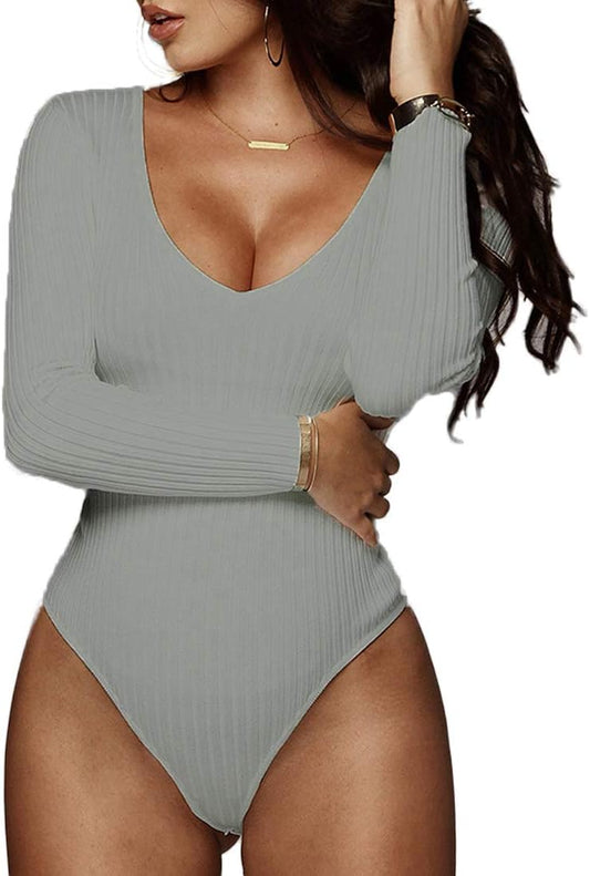 Chic Women's V-Neck Ribbed Long Sleeve Bodysuit - Perfect Fall Essential